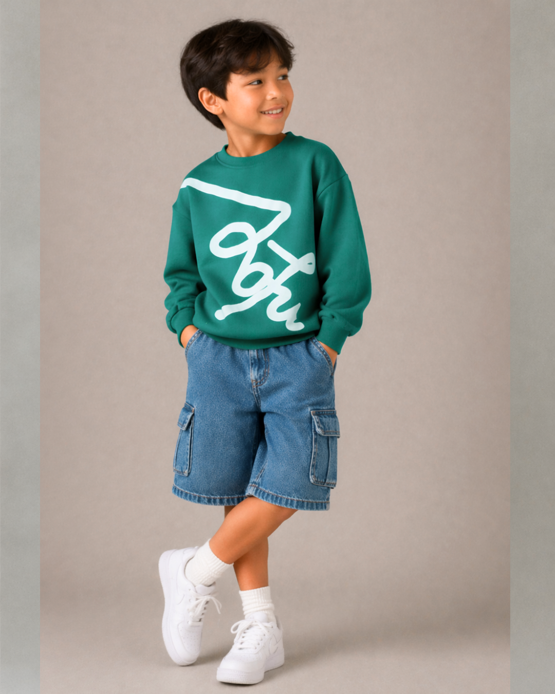 Oversized Puff Print Kids Sweatshirt in Green