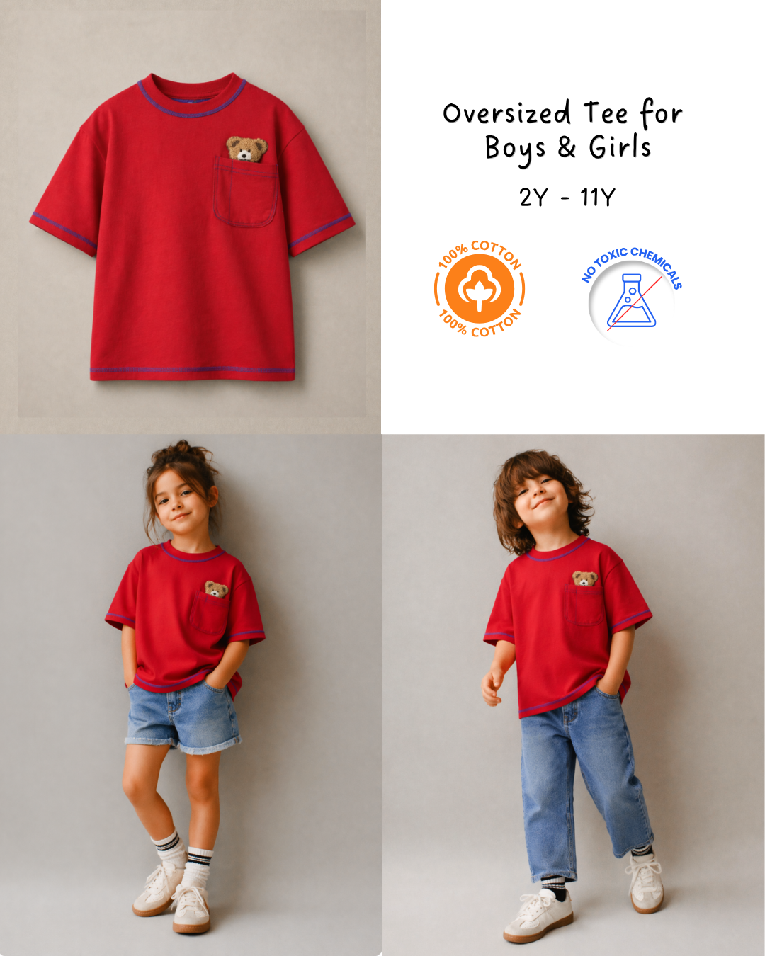 Oversized Peeking Tofu Teddy T-Shirt in Red