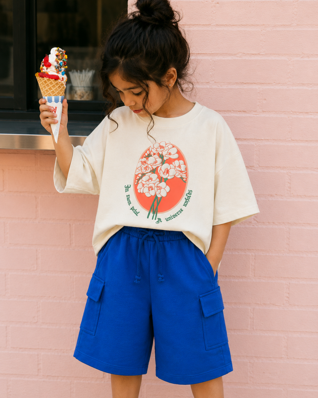 Set of Floral Print and Embroidered Offwhite T-shirt and Blue Cargo Shorts