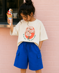 Set of Floral Print and Embroidered Offwhite T-shirt and Blue Cargo Shorts