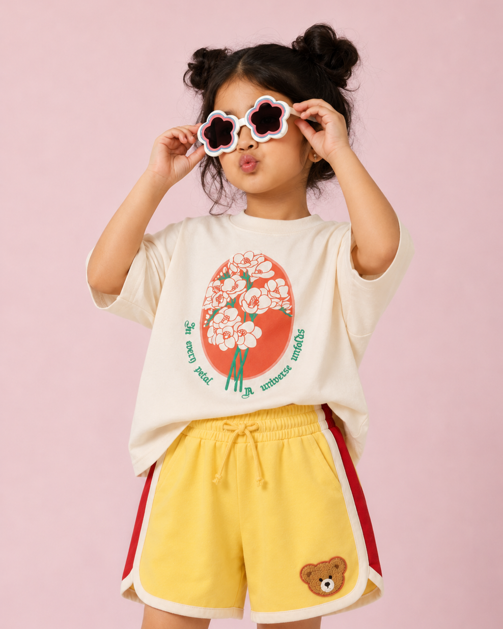Set of Floral Print and Embroidered Kids Tshirt and Yellow-Red Varsity Shorts