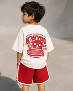 Set of Raglan Sleevles Ramen Puff Print Tshirt and Yellow-Red Varsity Shorts