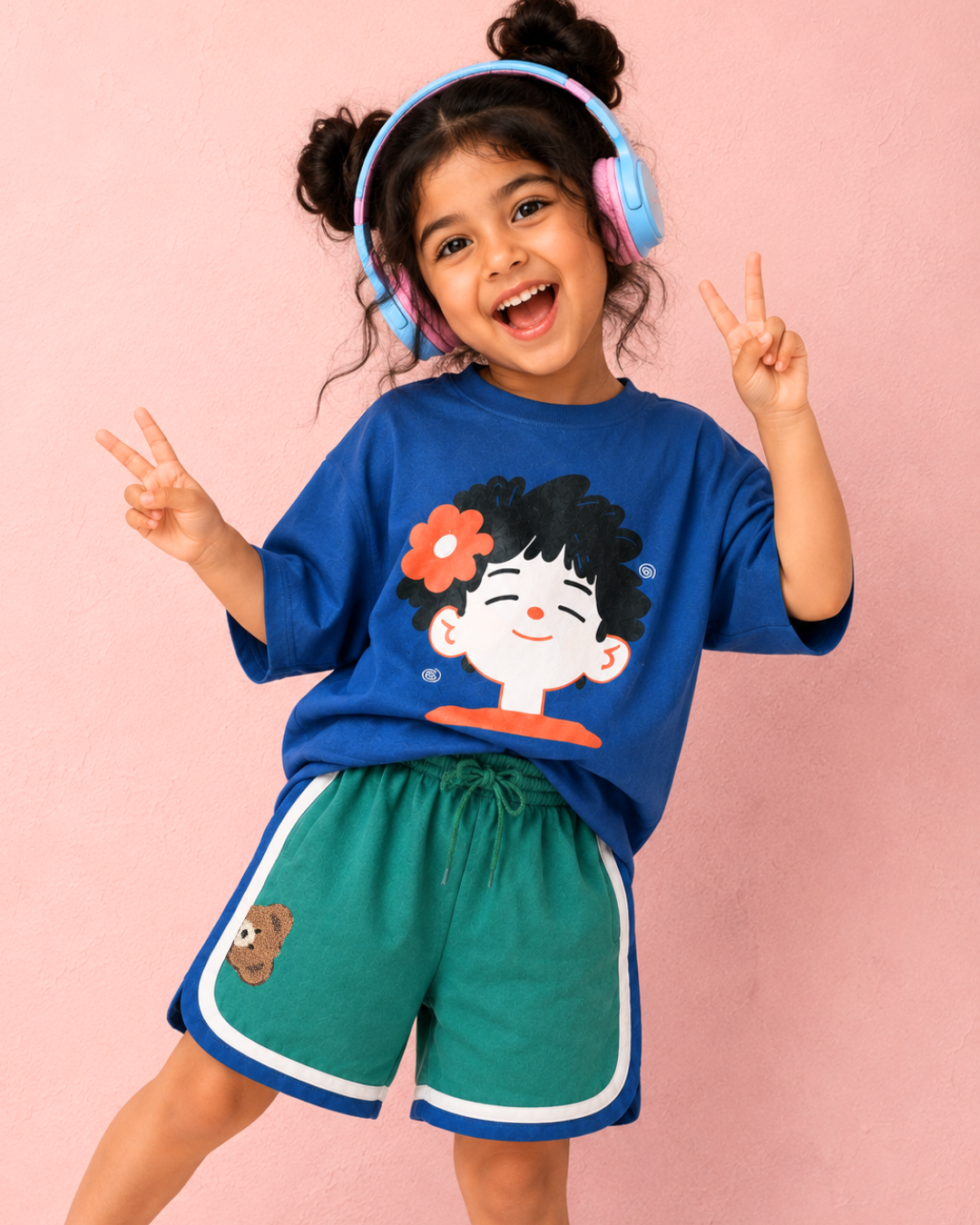 Set of Happy face Blue T-shirt and Green Varsity Shorts