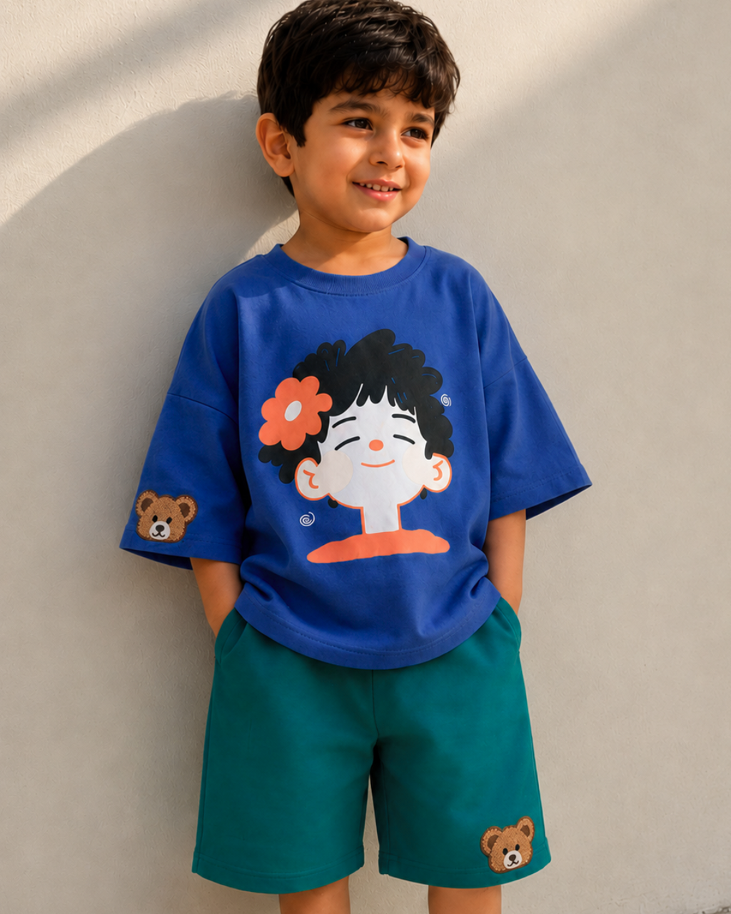 Set of Happy face Blue Tshirt and Green Long Shorts
