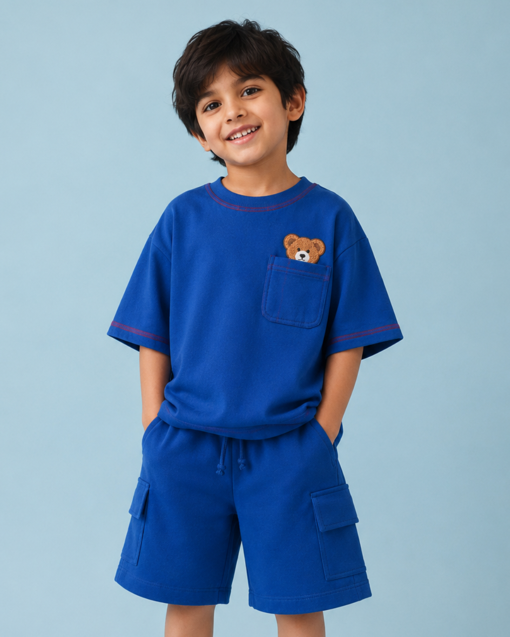 Set of Peeking Tofu Teddy Blue T-shirt and Blue Cargo Shorts