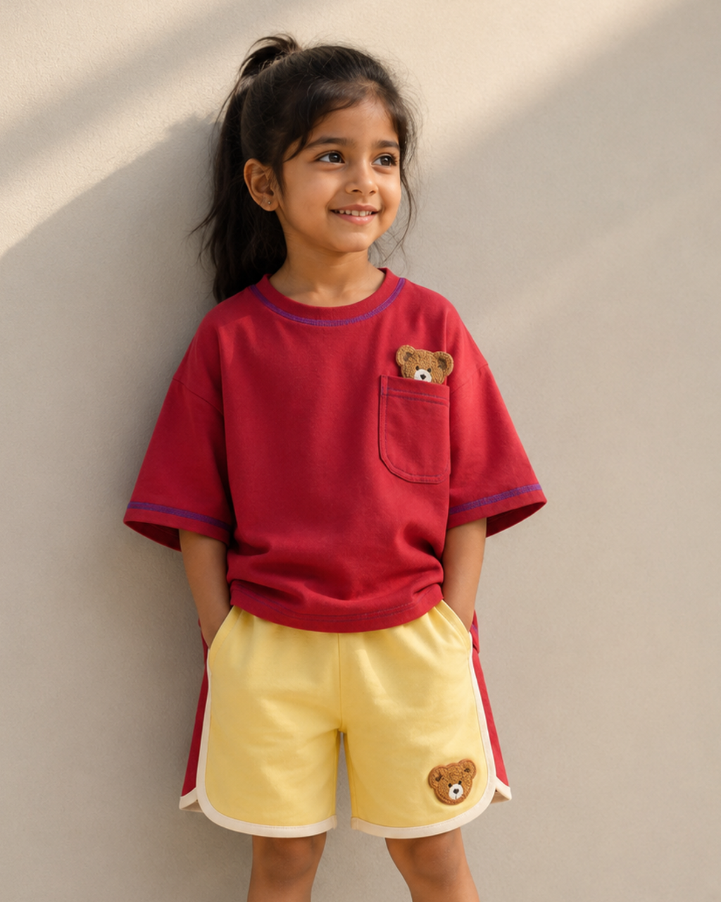 Set of Peeking Tofu Teddy Red T-Shirt and Yellow-Red Varsity Shorts