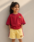 Set of Peeking Tofu Teddy Red T-Shirt and Yellow-Red Varsity Shorts