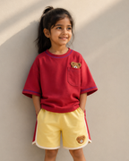 Set of Peeking Tofu Teddy Red T-Shirt and Yellow-Red Varsity Shorts