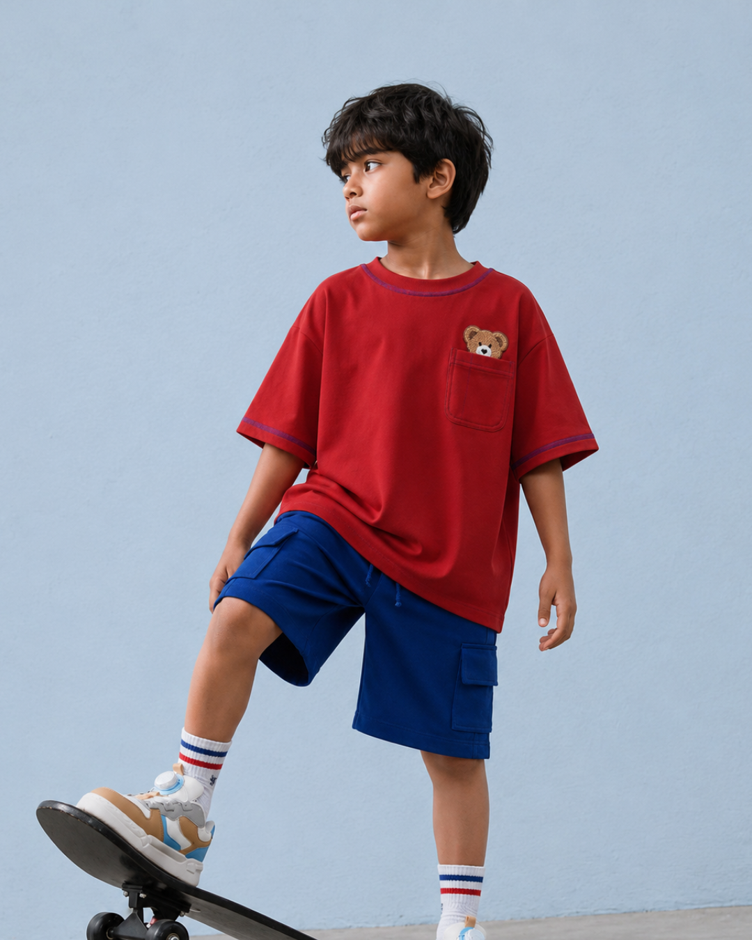 Set of Peeking Tofu Teddy Red T-shirt and Blue Cargo Shorts