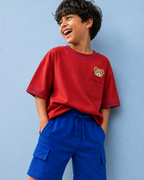 Set of Peeking Tofu Teddy Red T-shirt and Blue Cargo Shorts