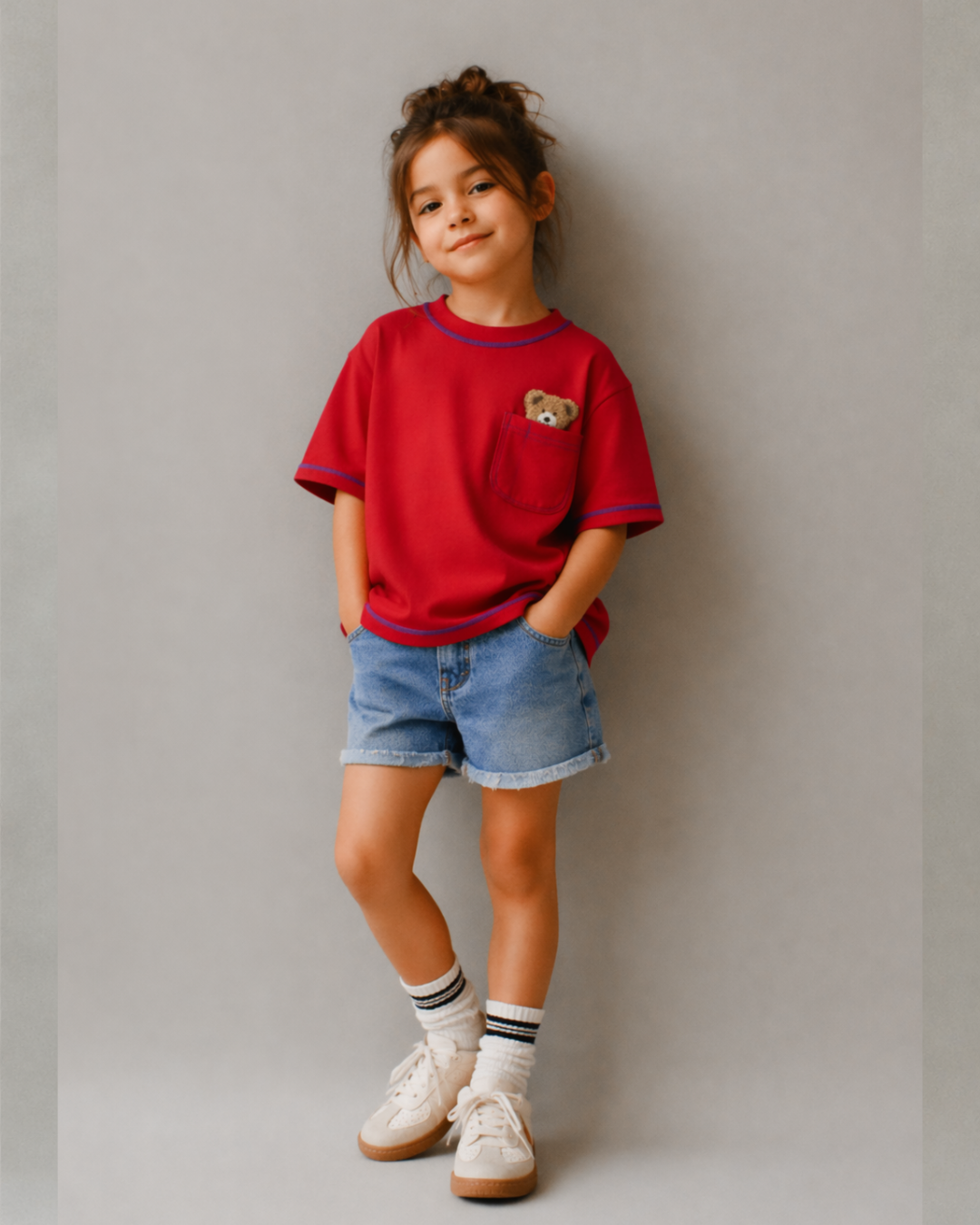 Oversized Peeking Tofu Teddy T-Shirt in Red