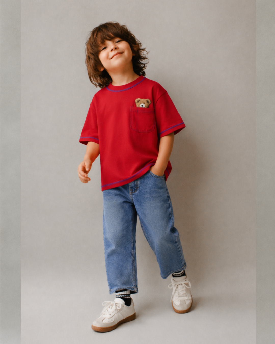 Oversized Peeking Tofu Teddy T-Shirt in Red