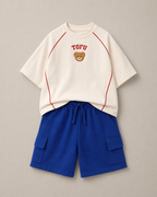 Set of Ramen Puff Print Off-white T-shirt and Blue Cargo Shorts