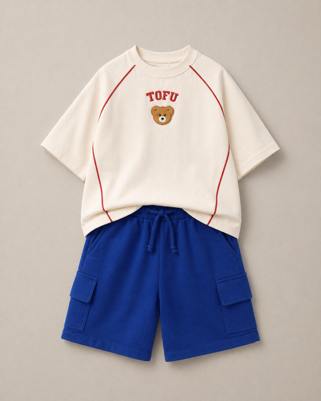 Set of Ramen Puff Print Off-white T-shirt and Blue Cargo Shorts