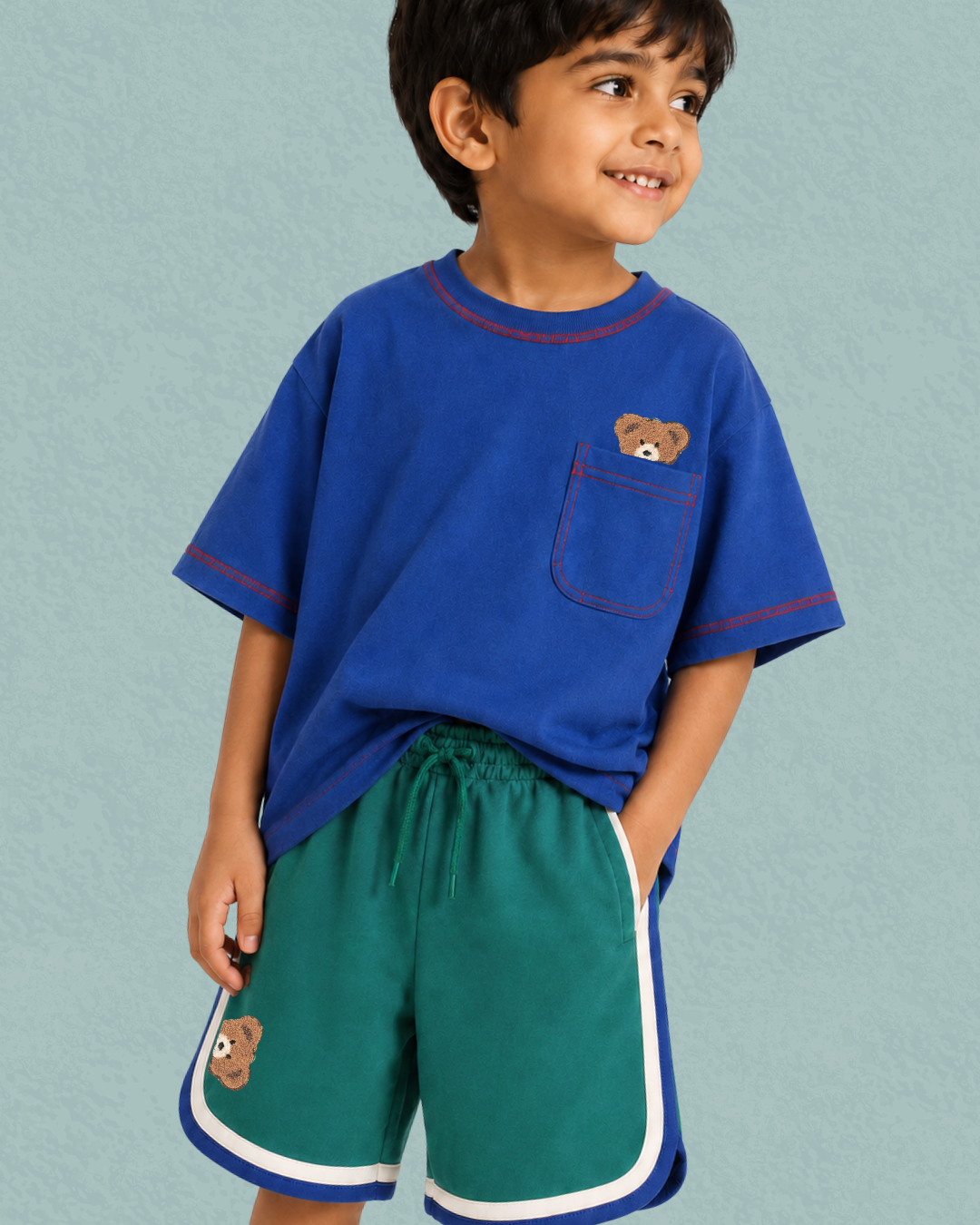 Set of Peeking Tofu Teddy Blue T-shirt and Green Varsity Shorts