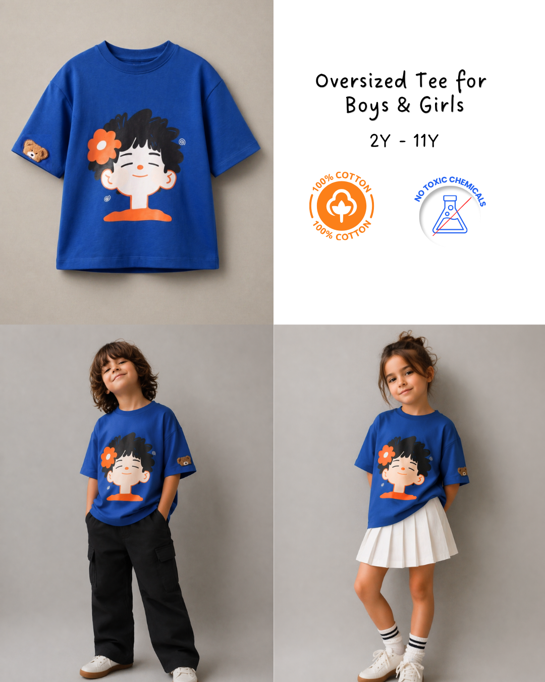 Oversized Happy Face Graphic Print Kids Tshirt in Blue