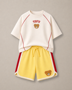 Set of Raglan Sleevles Ramen Puff Print Tshirt and Yellow-Red Varsity Shorts