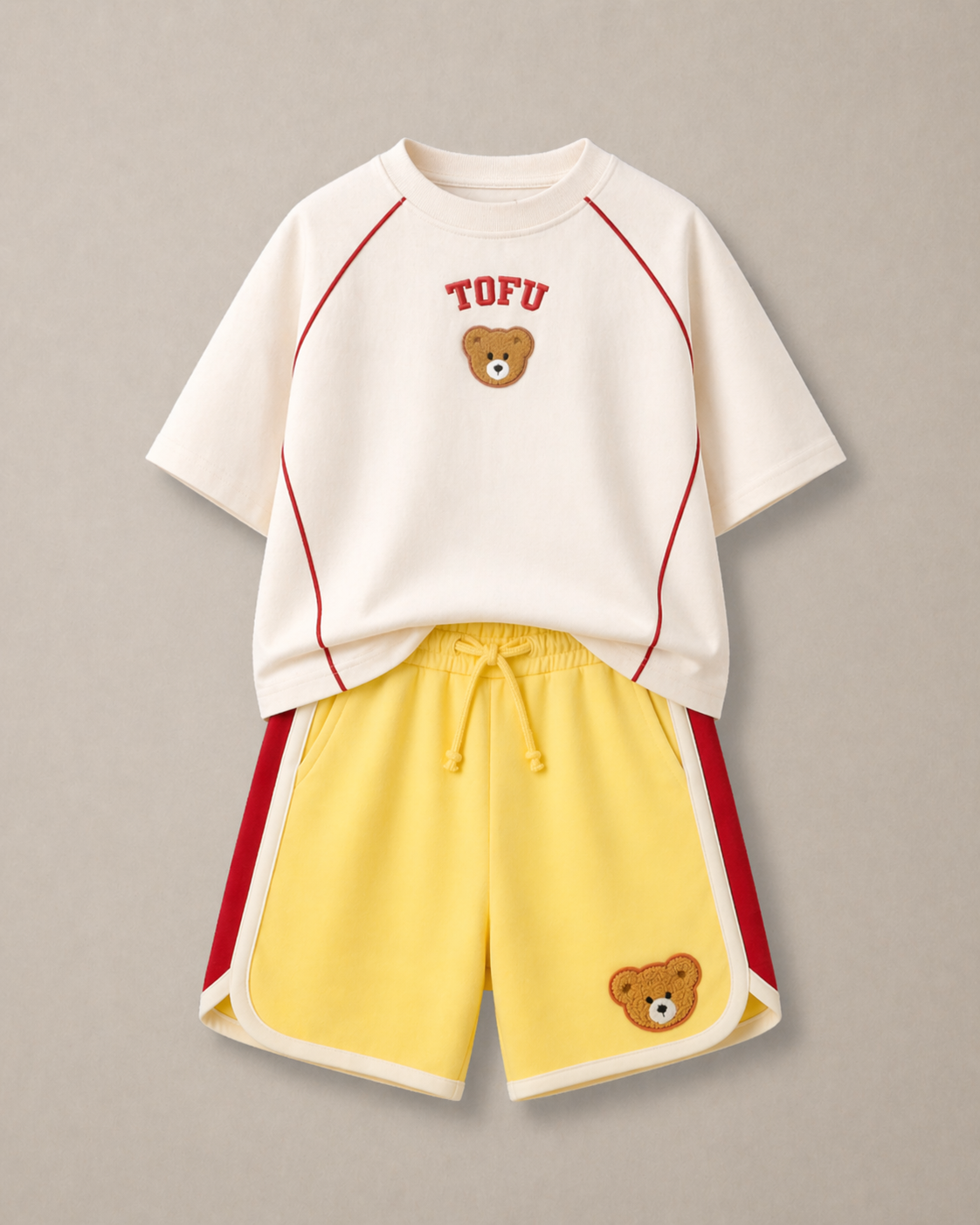 Set of Raglan Sleevles Ramen Puff Print Tshirt and Yellow-Red Varsity Shorts