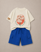 Set of Floral Print and Embroidered Offwhite T-shirt and Blue Cargo Shorts