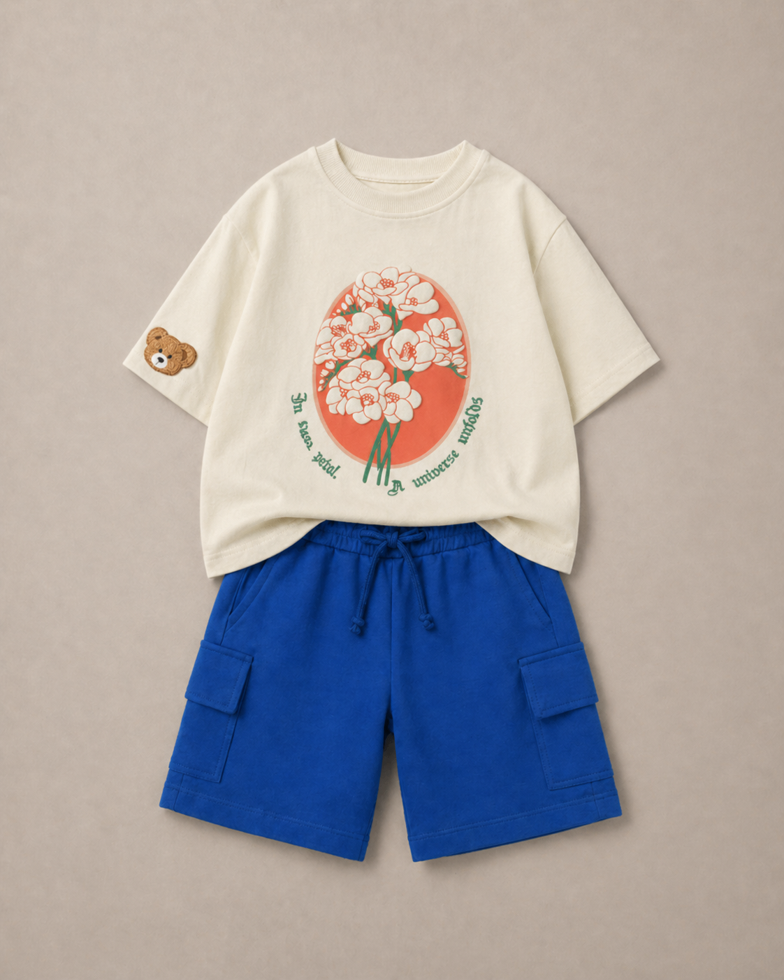 Set of Floral Print and Embroidered Offwhite T-shirt and Blue Cargo Shorts