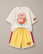 Set of Floral Print and Embroidered Kids Tshirt and Yellow-Red Varsity Shorts