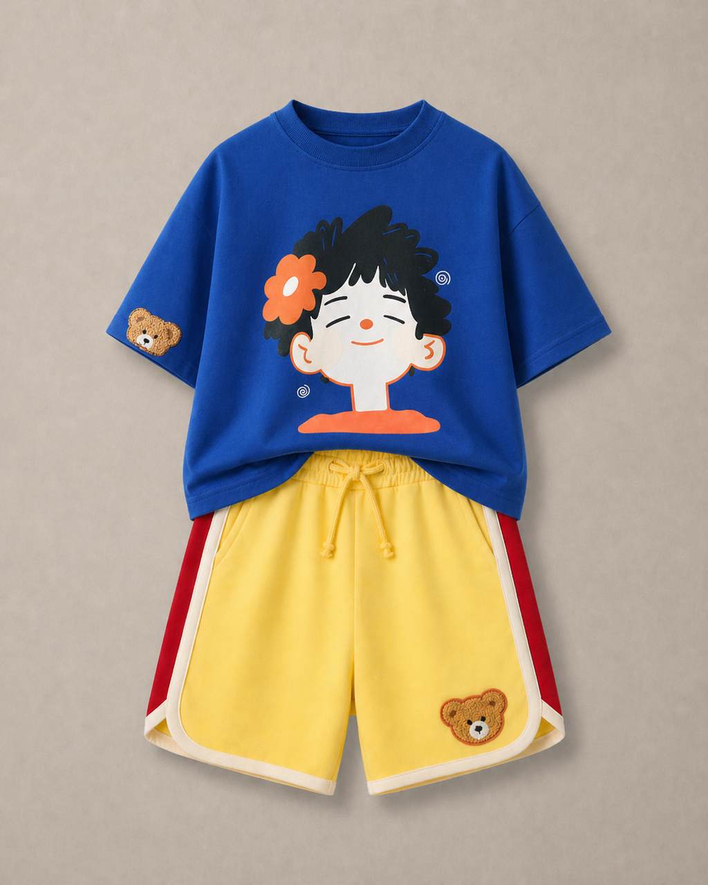 Set of Happy face Blue Tshirt and Varsity Yellow Shorts