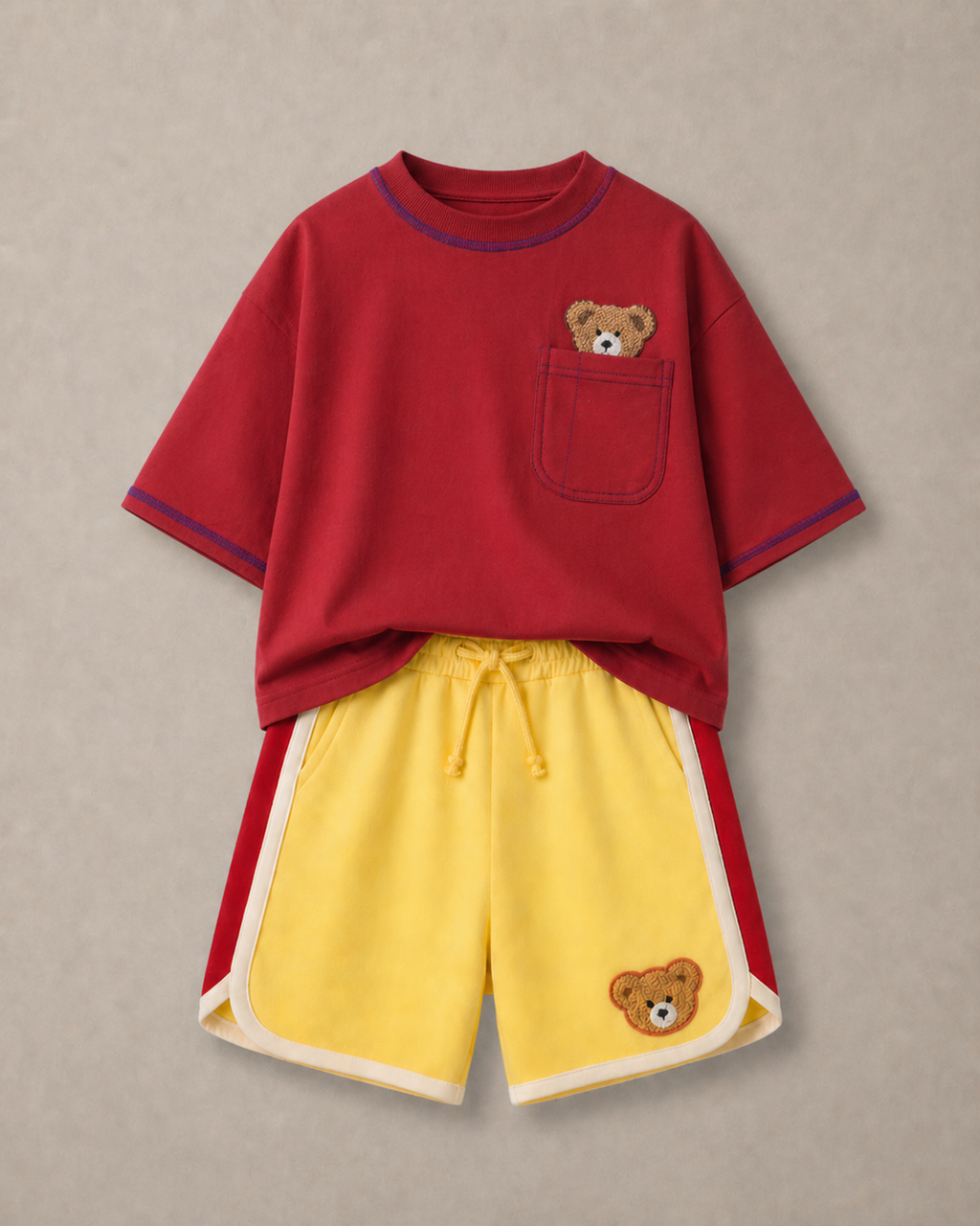 Set of Peeking Tofu Teddy Red T-Shirt and Yellow-Red Varsity Shorts