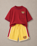 Set of Peeking Tofu Teddy Red T-Shirt and Yellow-Red Varsity Shorts