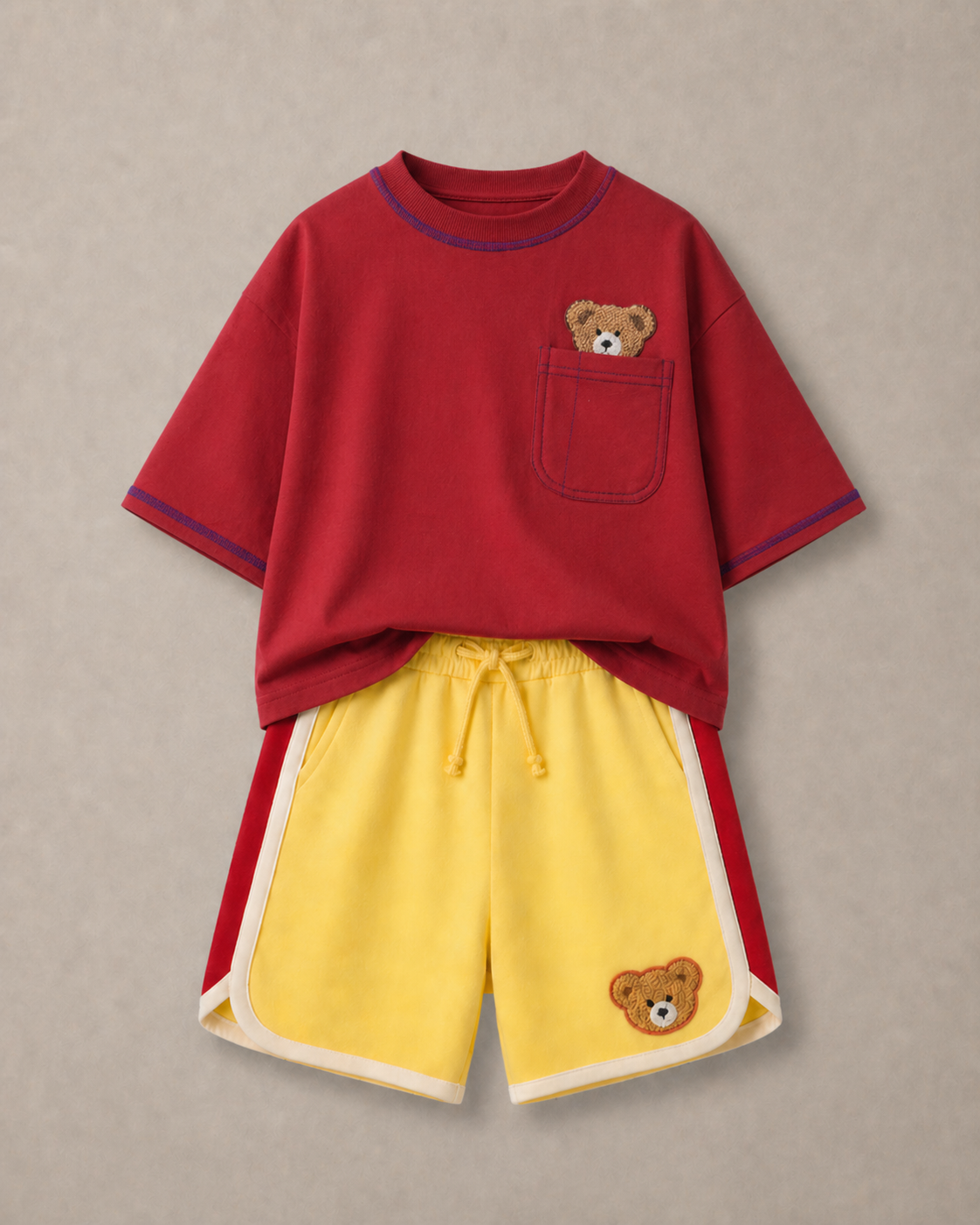 Set of Peeking Tofu Teddy Red T-Shirt and Yellow-Red Varsity Shorts