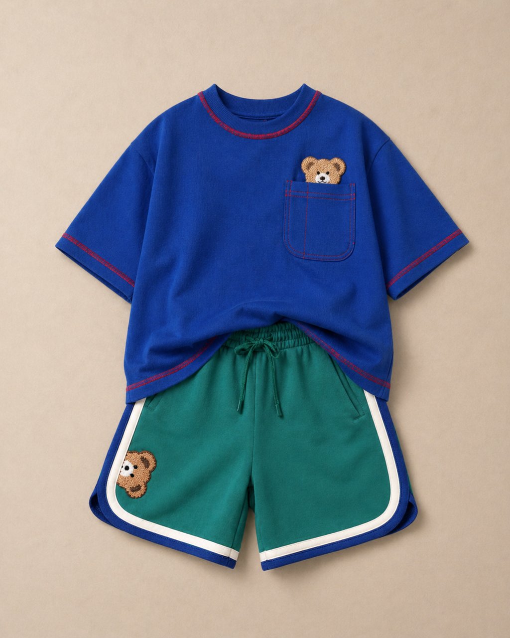 Set of Peeking Tofu Teddy Blue T-shirt and Green Varsity Shorts