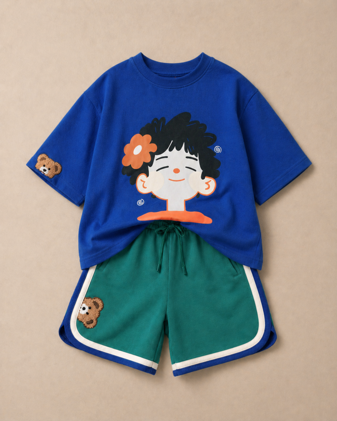 Set of Happy face Blue T-shirt and Green Varsity Shorts