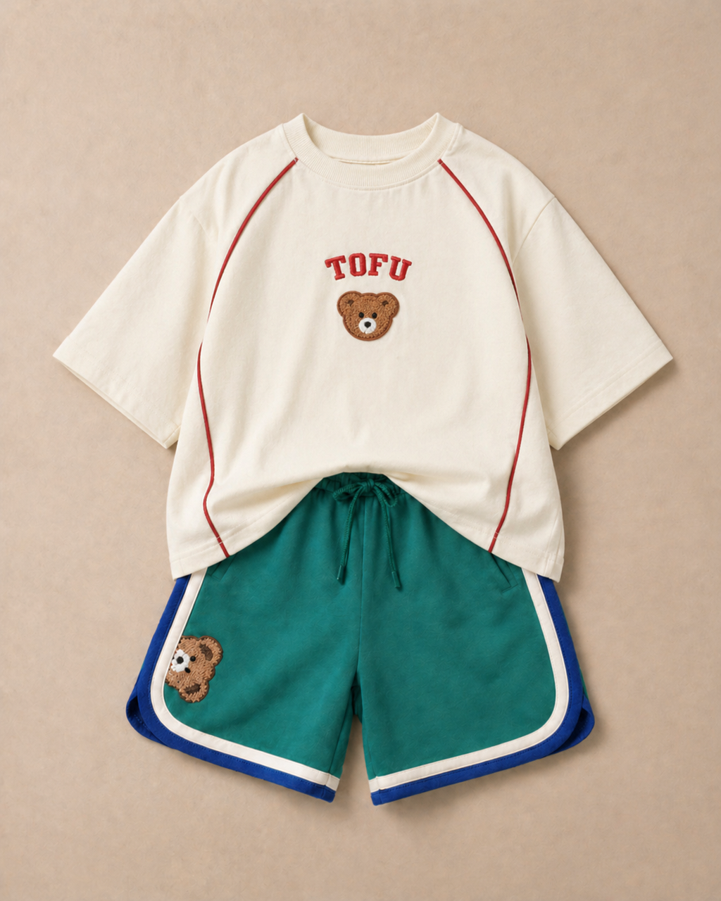Set of Ramen Puff Print Off-white T-shirt and Green Varsity Shorts