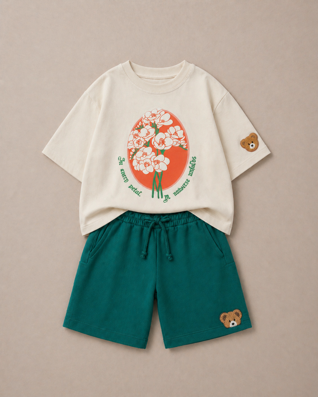 Set of Floral Off-white T-shirt Green Long Shorts