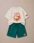 Set of Floral Off-white T-shirt Green Long Shorts