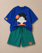 Set of Happy face Blue Tshirt and Green Long Shorts