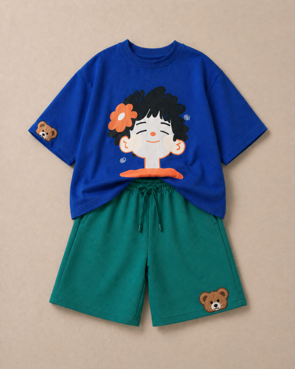 Set of Happy face Blue Tshirt and Green Long Shorts