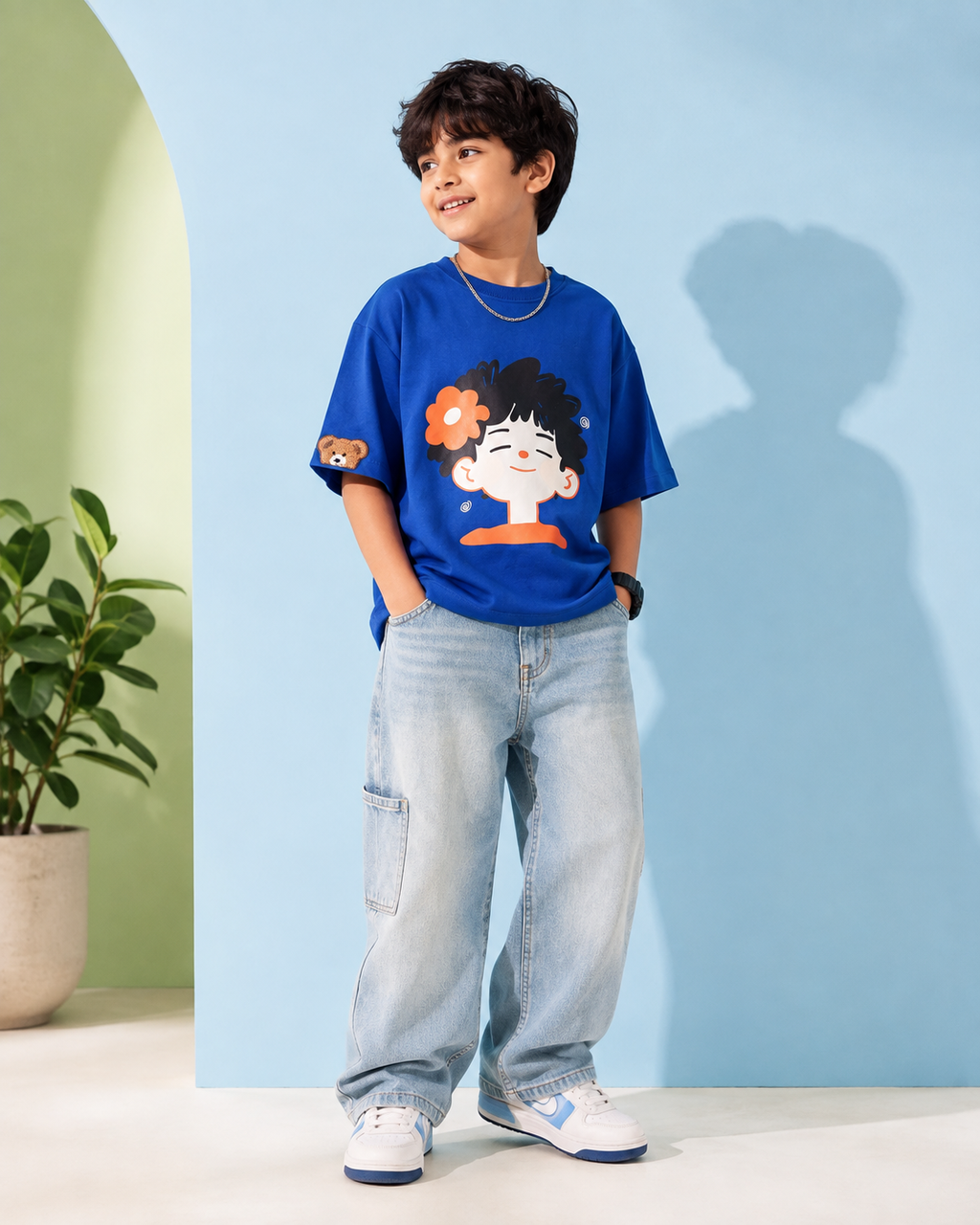 Oversized Happy Face Graphic Print Kids Tshirt in Blue