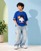 Oversized Happy Face Graphic Print Kids Tshirt in Blue