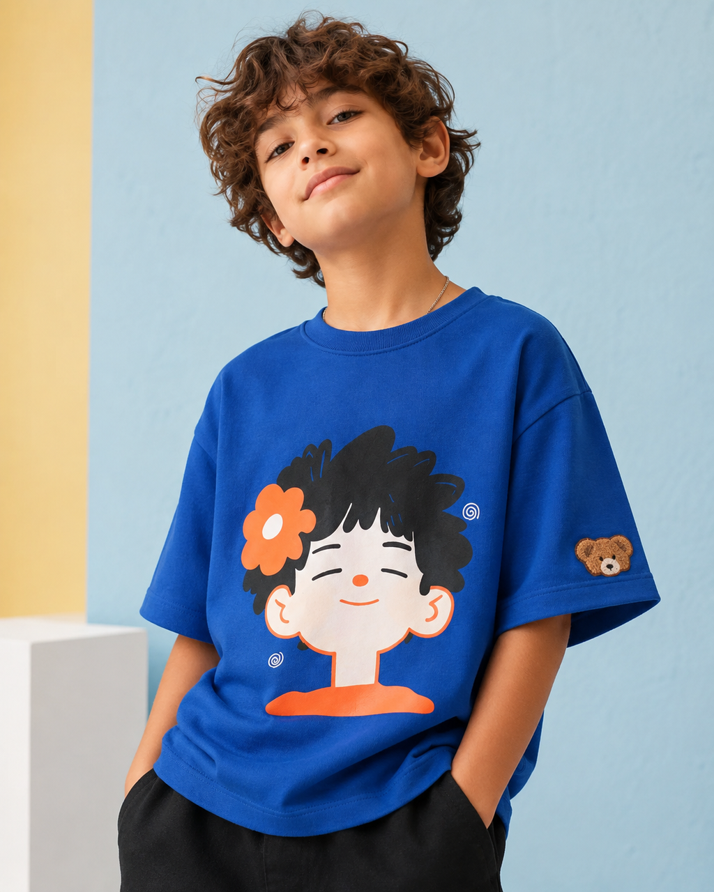 Oversized Happy Face Graphic Print Kids Tshirt in Blue