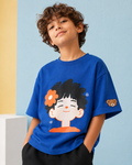 Oversized Happy Face Graphic Print Kids Tshirt in Blue