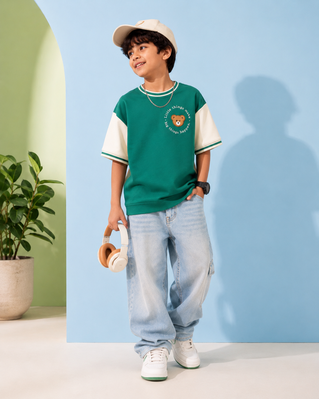 Oversized 67 Back Print Kids T-Shirt in Off-White and Green