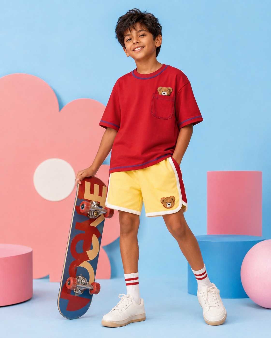 Set of Peeking Tofu Teddy Red T-Shirt and Yellow-Red Varsity Shorts
