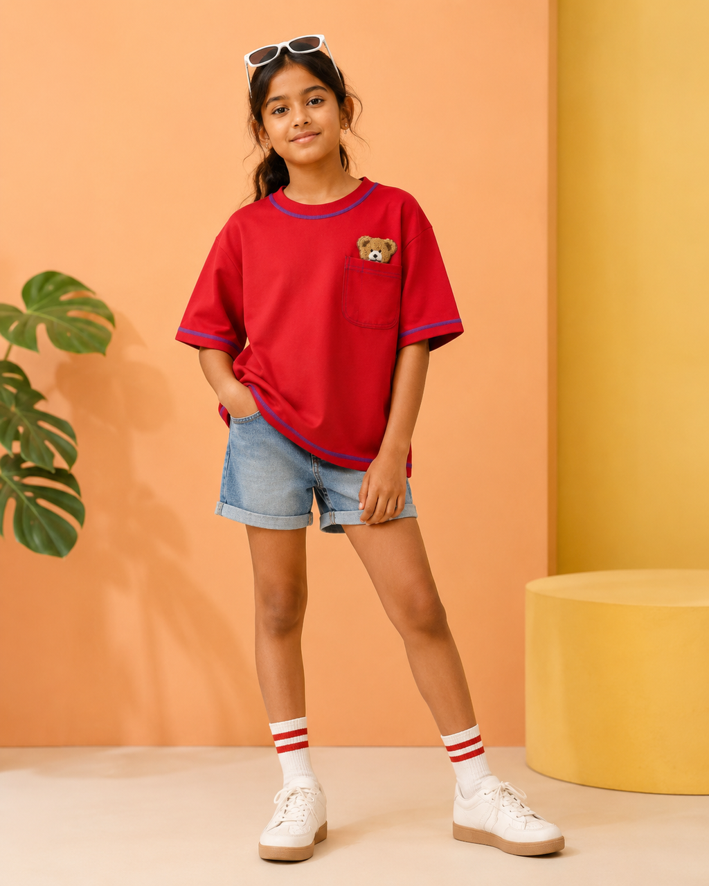Oversized Peeking Tofu Teddy T-Shirt in Red