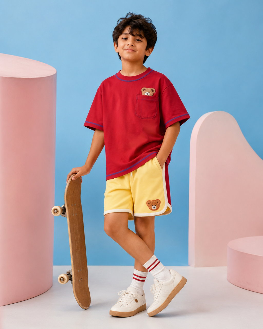 Oversized Peeking Tofu Teddy T-Shirt in Red