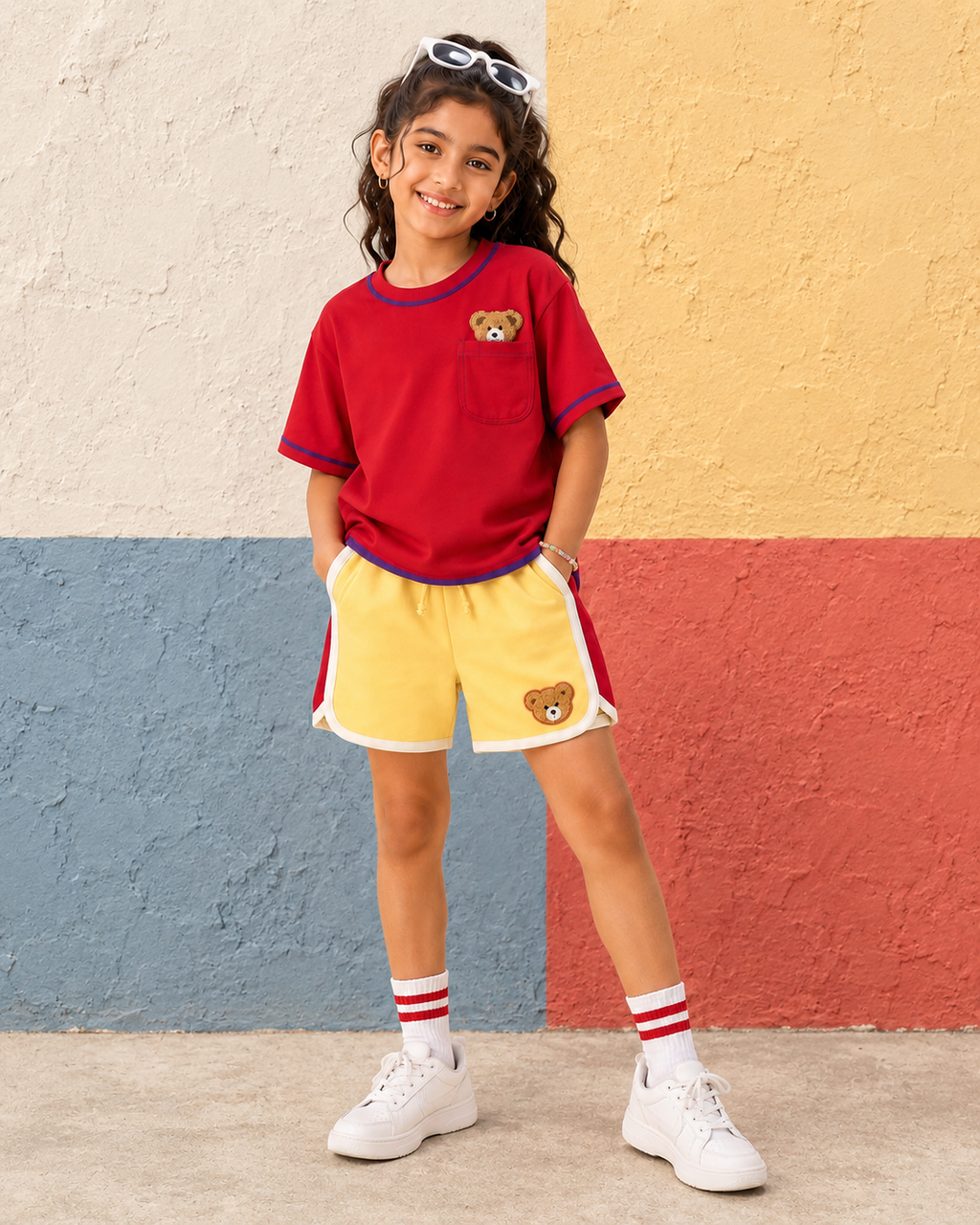 Set of Peeking Tofu Teddy Red T-Shirt and Yellow-Red Varsity Shorts