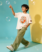 Oversized Graphic Print and Embroidered Kids T-Shirt in Off-White