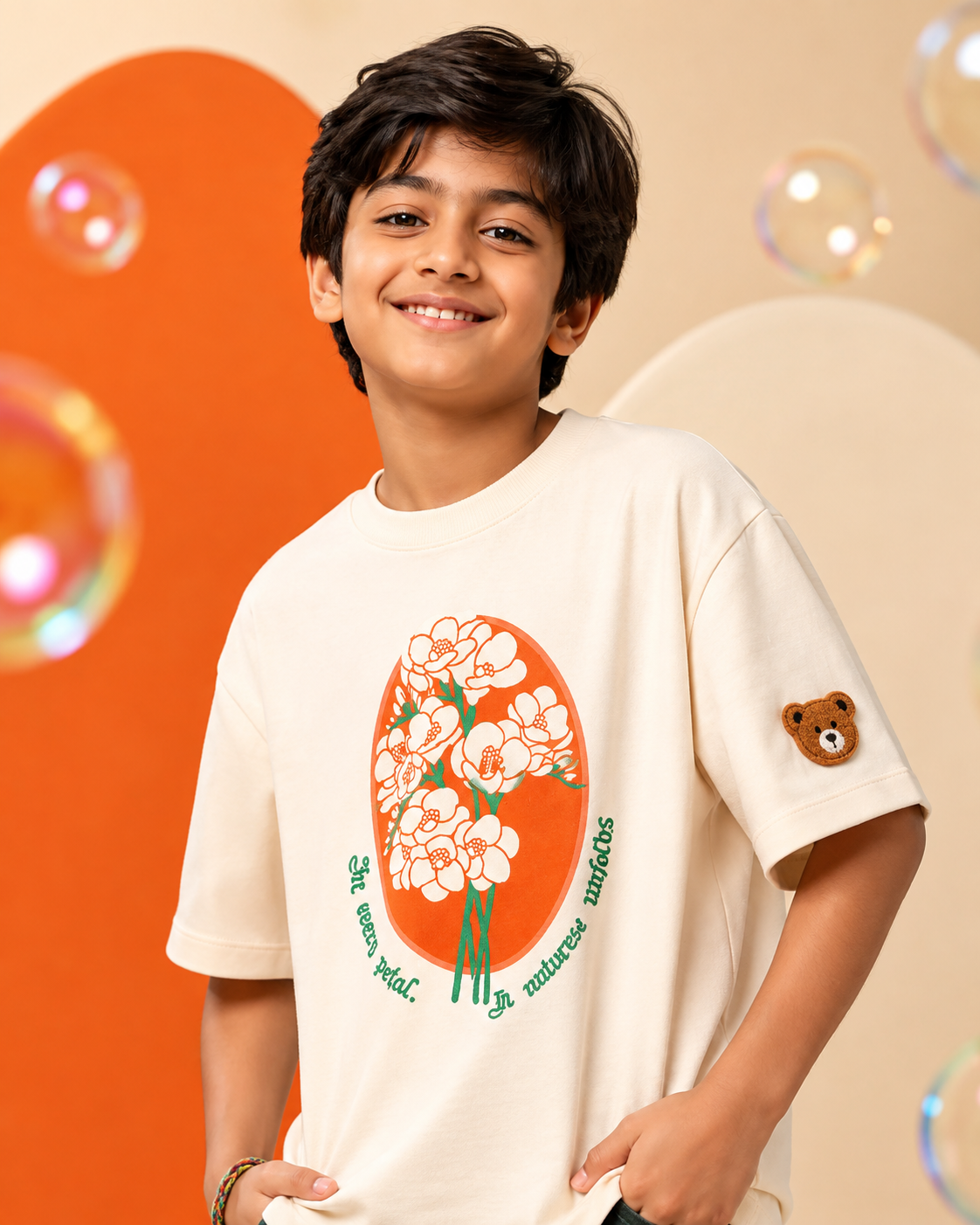 Oversized Graphic Print and Embroidered Kids T-Shirt in Off-White