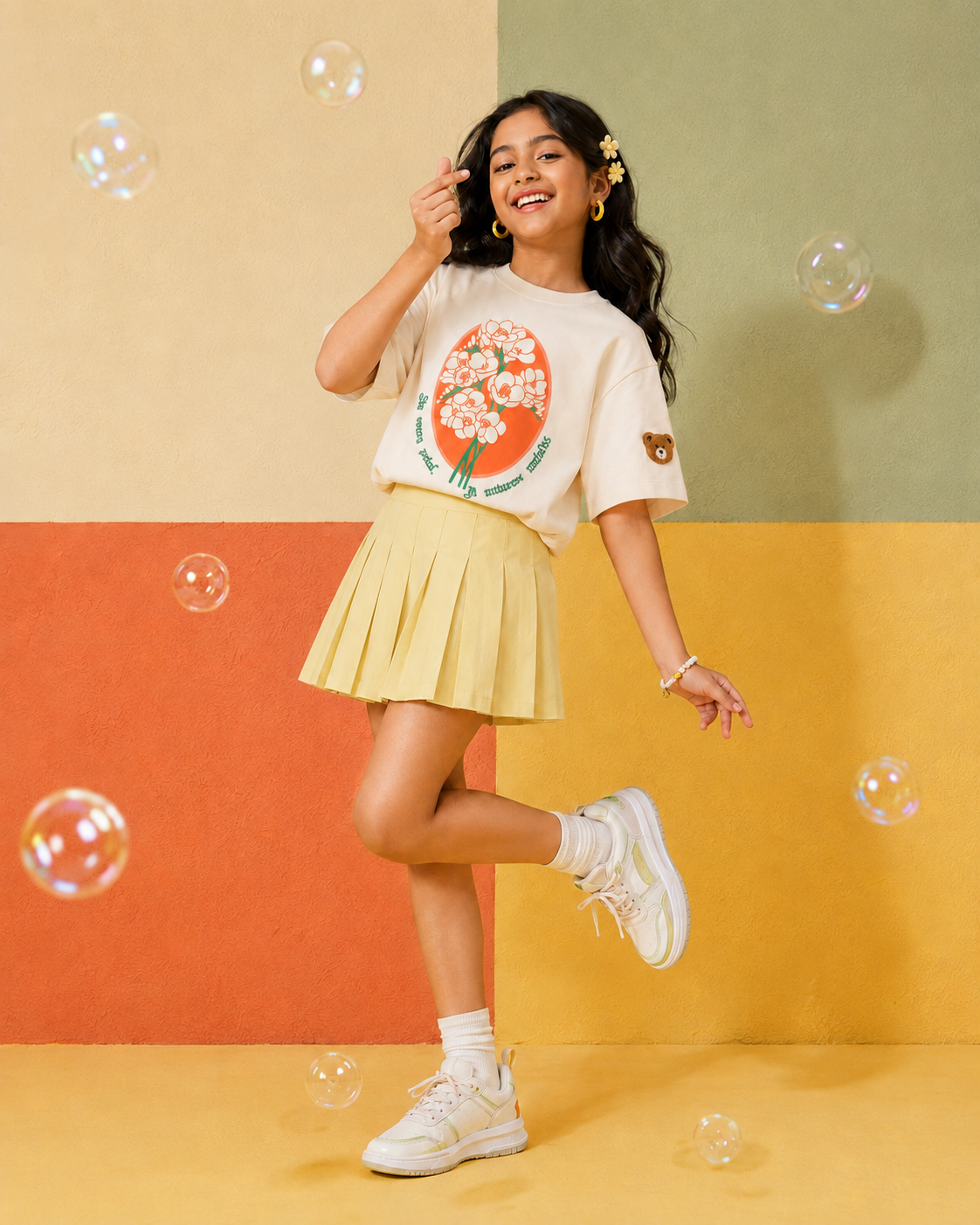 Oversized Graphic Print and Embroidered Kids T-Shirt in Off-White