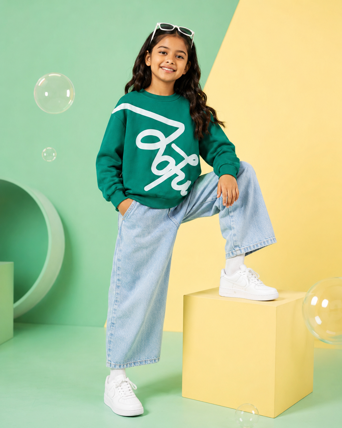 Oversized Puff Print Kids Sweatshirt in Green