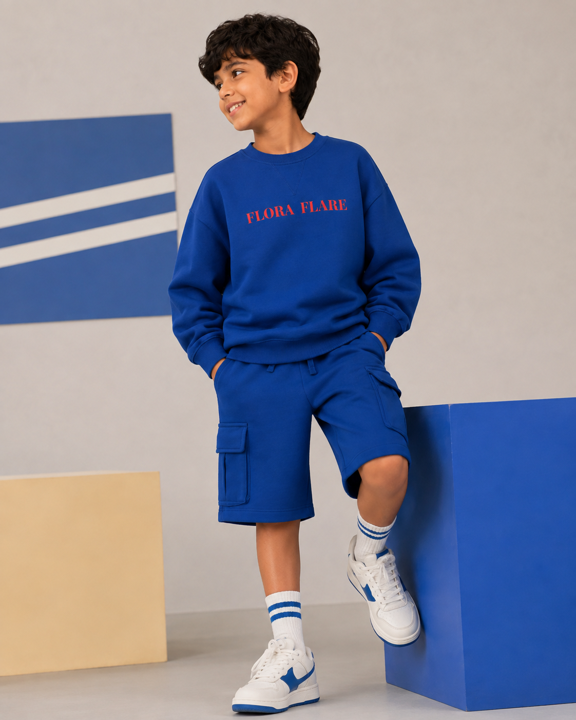 Set of Blue Back Print Full Sleeve T-shirt and Blue Cargo Shorts